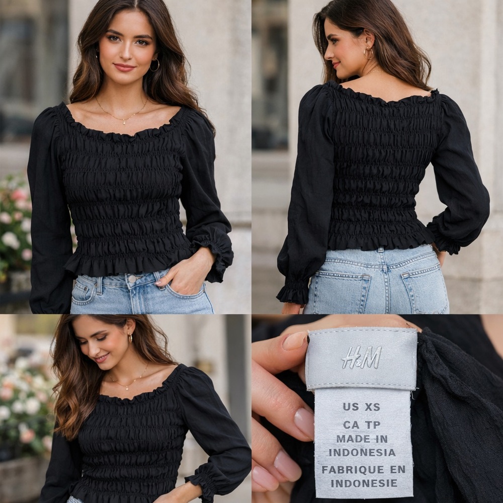 H&M Smocked Long Sleeve Peasant Blouse Black XS Cottagecore Boho Stretch Top